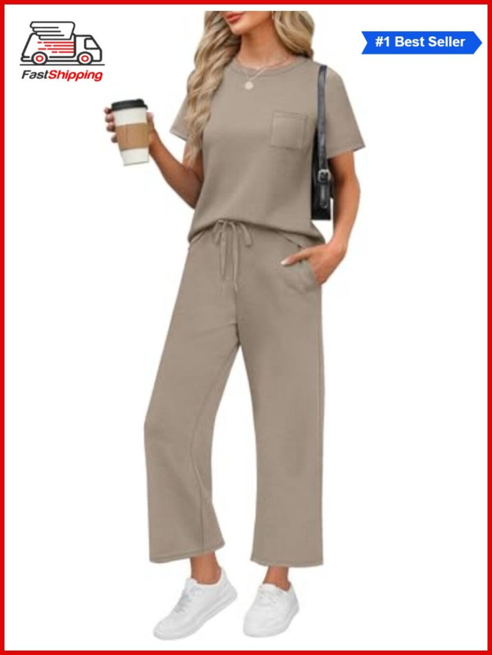 ✨WIHOLL 2 Piece Set Women Casual Summer Travel Lounge Short Sleeve Wide Leg